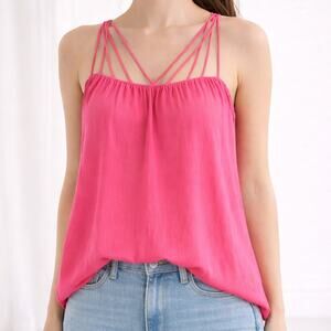 NEW Kori America Boho Strappy Blouse Hot Pink Women Medium Flowy Vacation Top